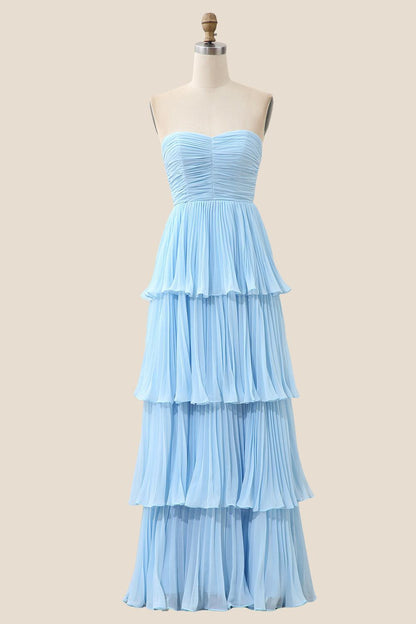 Strapless Sage Pleated Tiered Long Party Dress