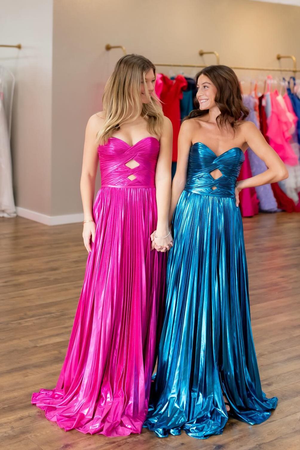 Strapless Blue Pleated Metallic Long Dress