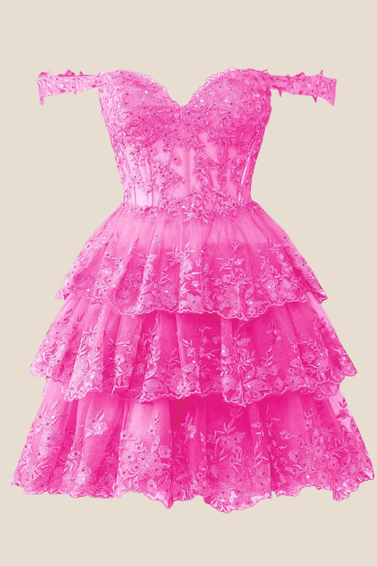 Navy Lace Appliques Ruffle A-line Dress