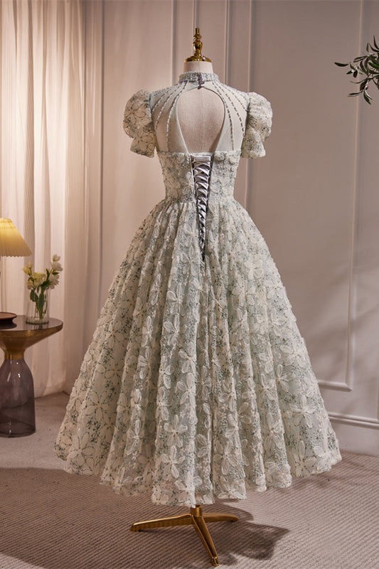 Beaded High Neck 3D Lace Light Green Party Dress