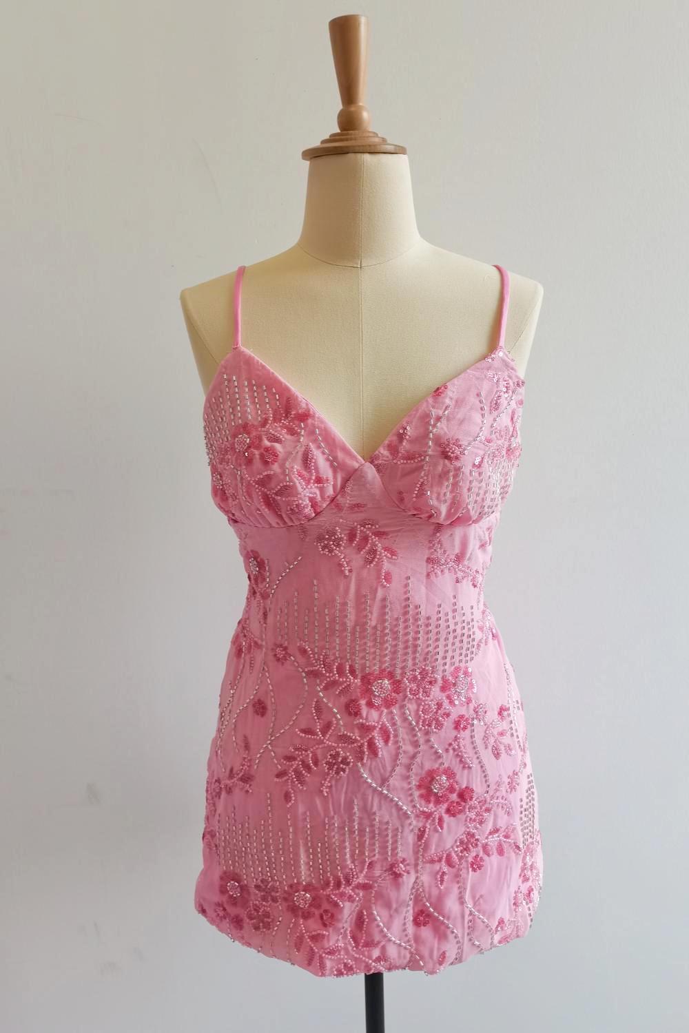 Spaghetti Straps Beaded Fuchsia Mini Dress
