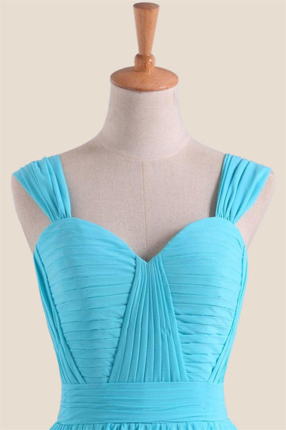 Blue Chiffon Pleated A-line Long Bridesmaid Dress