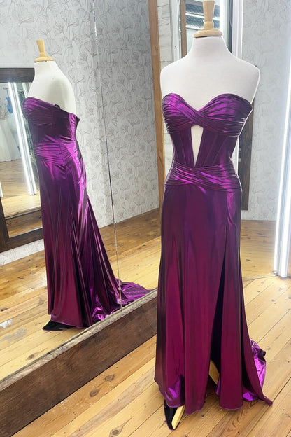 Strapless Blue Metallic Long Dress with Keyhole