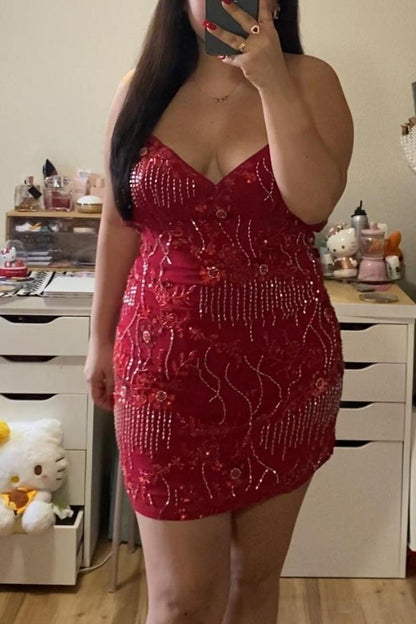 Spaghetti Straps Beaded Pink Mini Dress