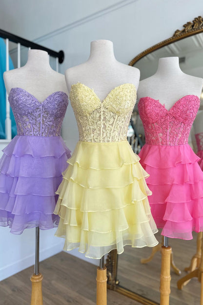 Sweetheart Yellow Appliques Tiered Short Dress