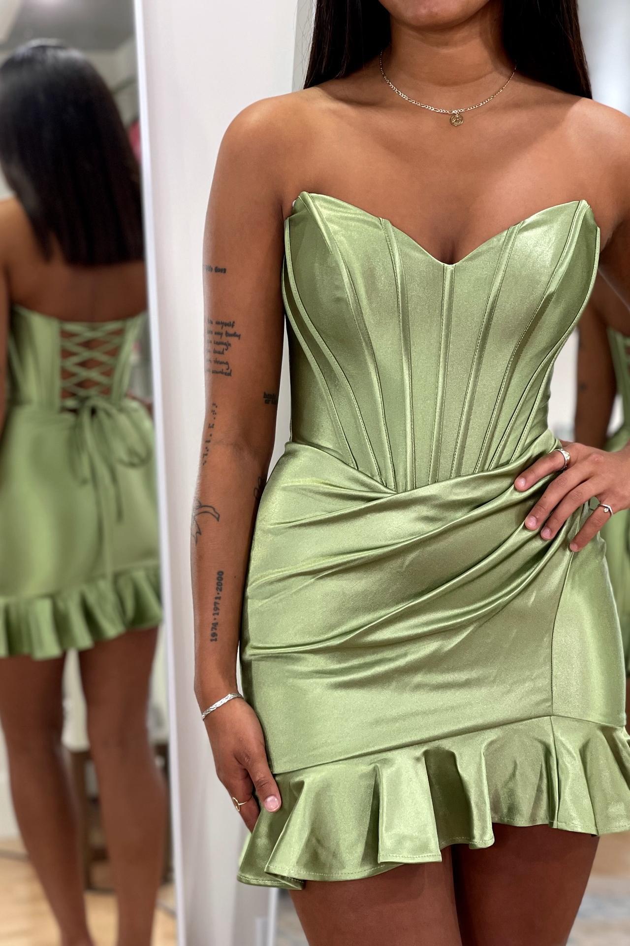 Strapless Short Green Ruched Ruffle Dress