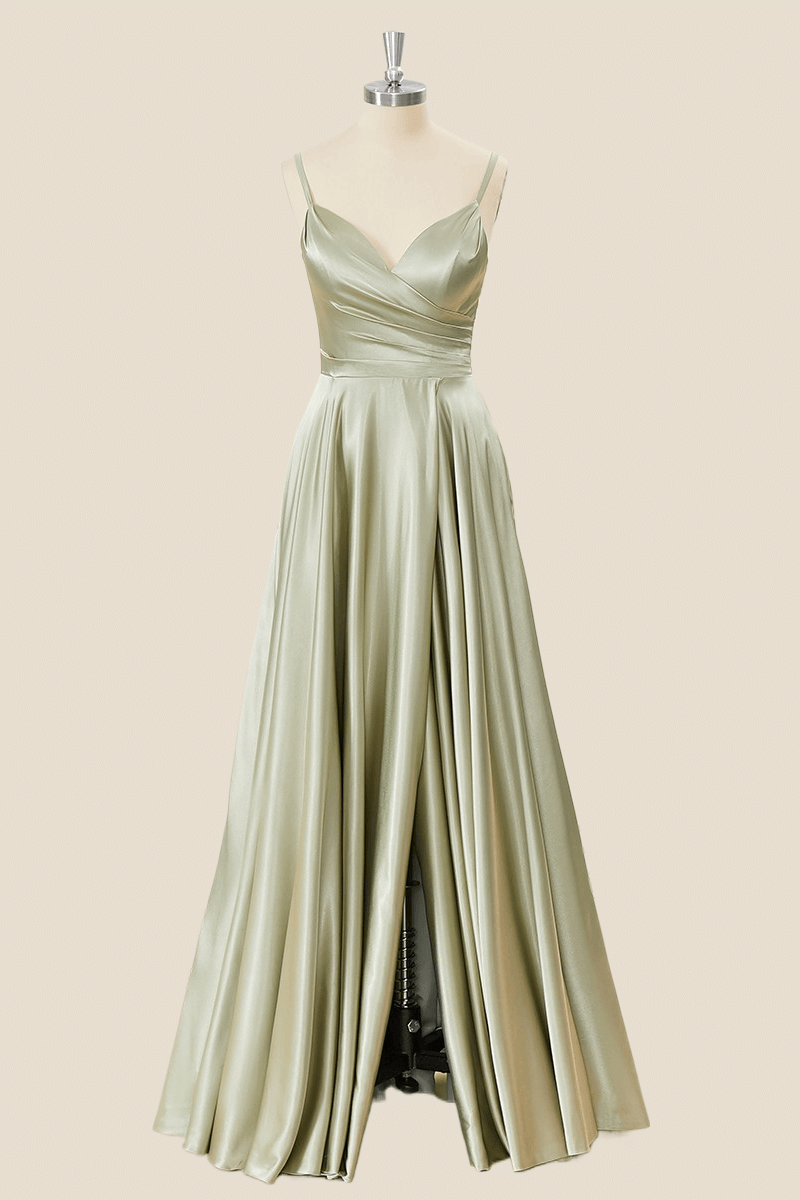 Sage Green Satin Straps A-line Long Formal Dress