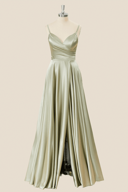 Sage Green Satin Straps A-line Long Formal Dress