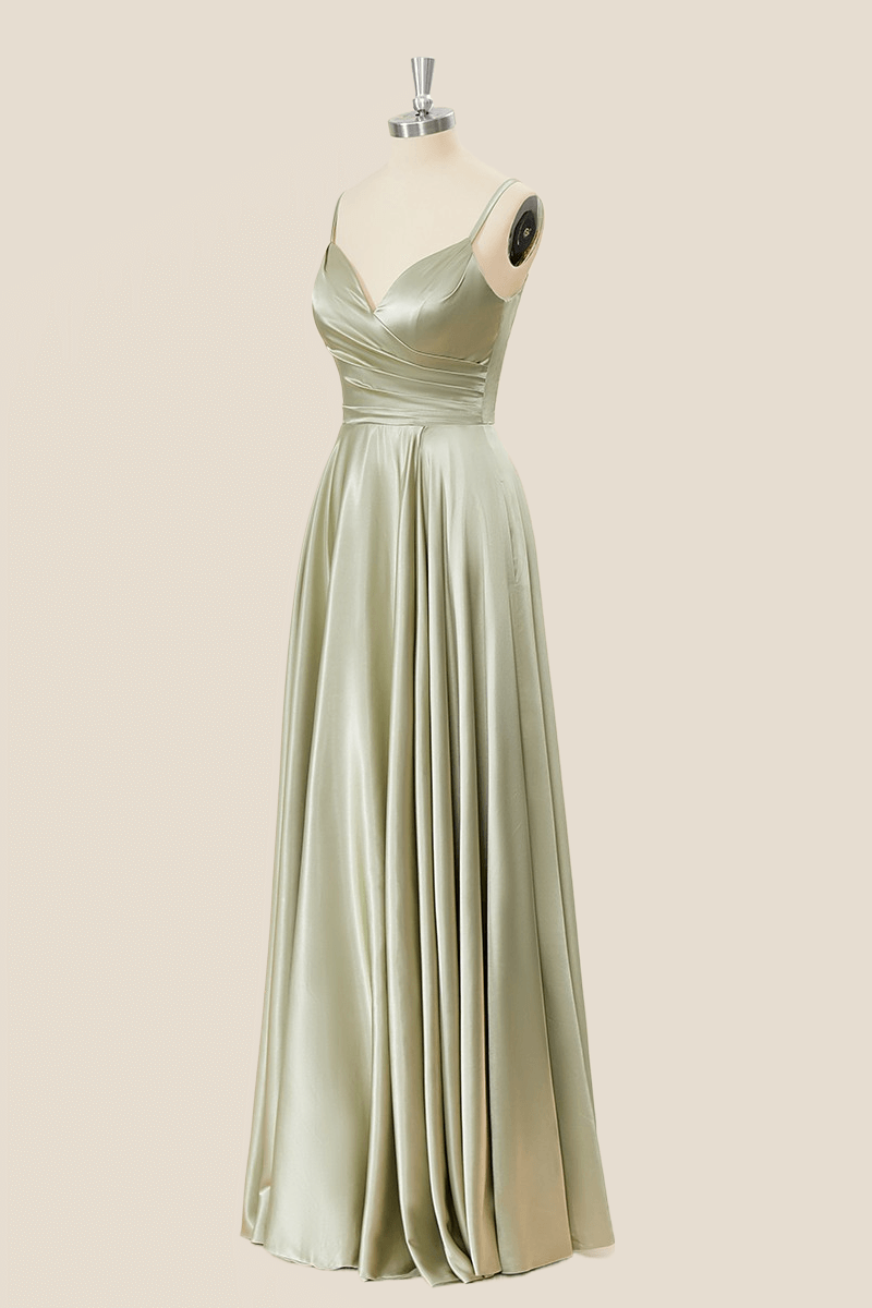 Sage Green Satin Straps A-line Long Formal Dress