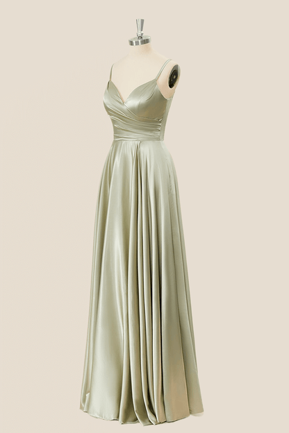Sage Green Satin Straps A-line Long Formal Dress
