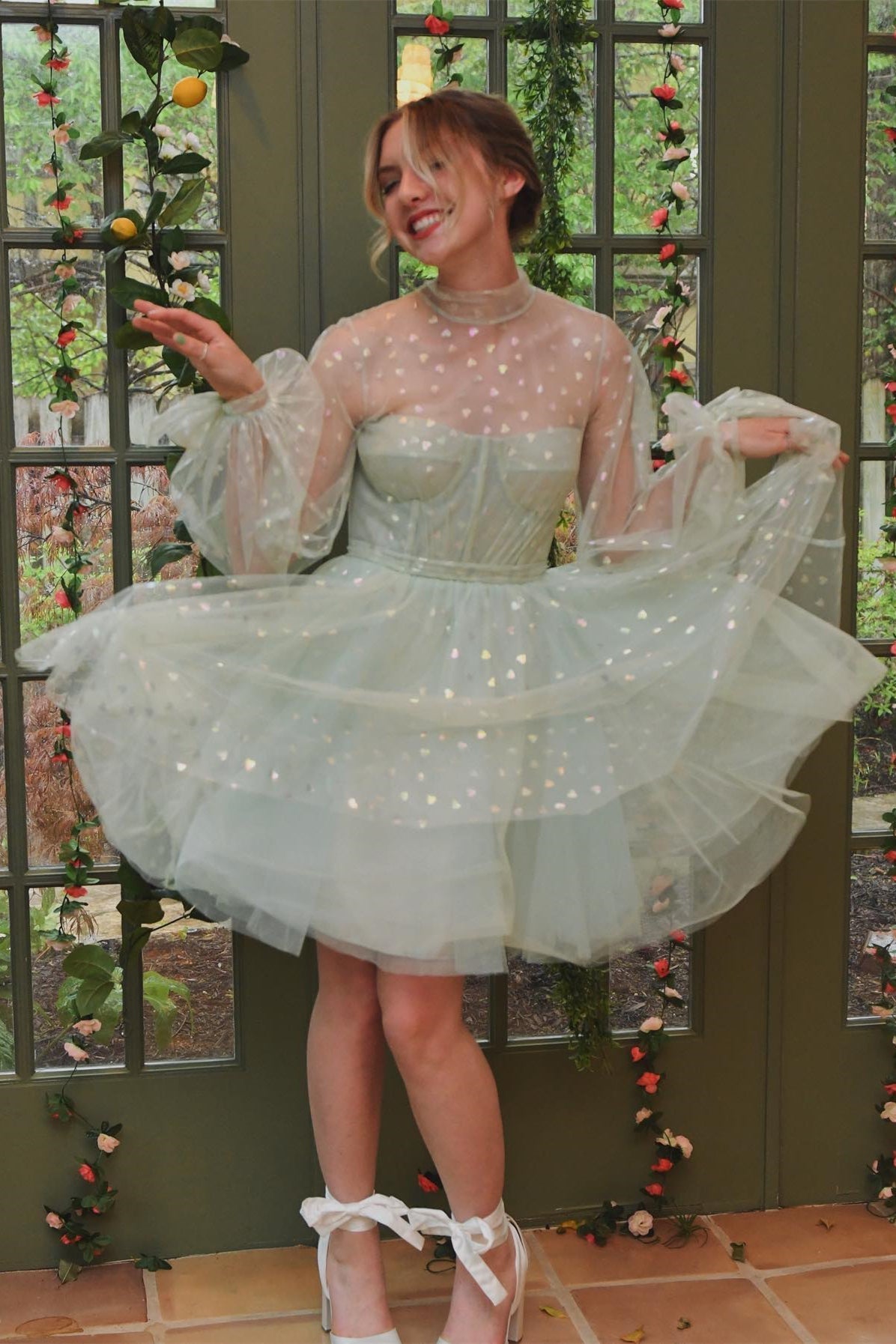 Puffy Long Sleeves Sage Green A-line Homecoming Dress
