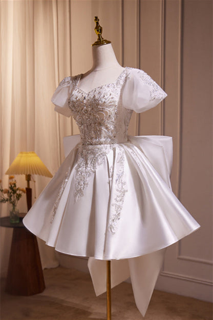 Short Sleeves White Beaded A-line Short Princess Dress