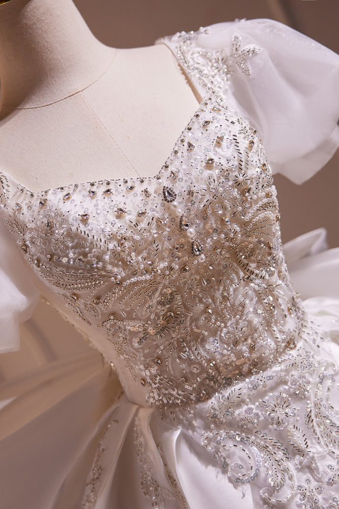 Short Sleeves White Beaded A-line Short Princess Dress