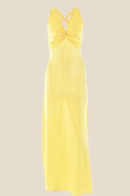 Twist V-neck Light Blue Open Back Sheath Long Dress