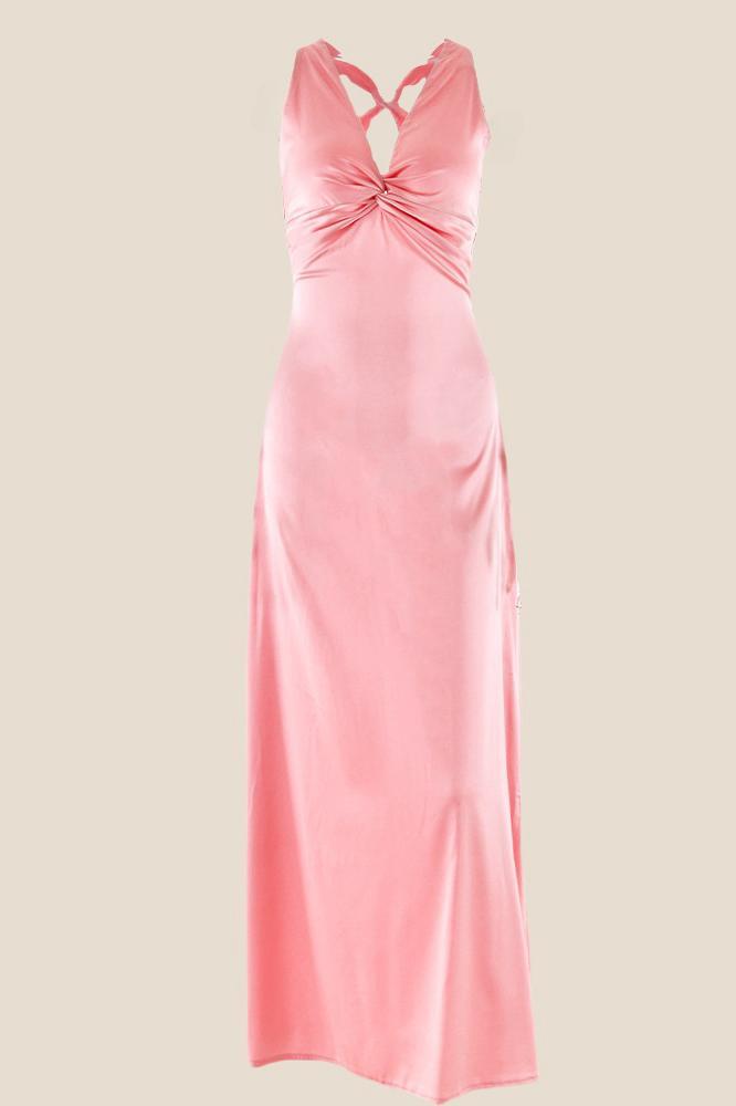 Twist V-neck Light Blue Open Back Sheath Long Dress