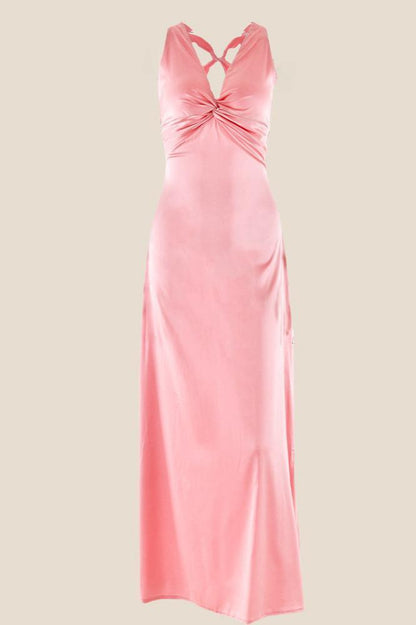 Twist V-neck Yellow Open Back Sheath Long Dress