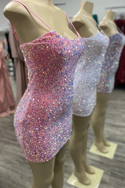 Scoop Pink Sequin Tight Mini Party Dress