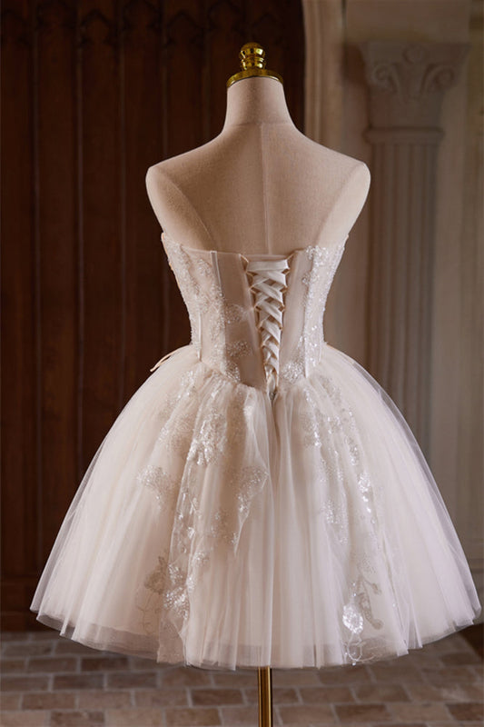 Sweetheart Ivory Sheer Beaded Corset Short Princess Gown