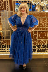 Red Puffy Sleeves Glitters Tea Length Dress